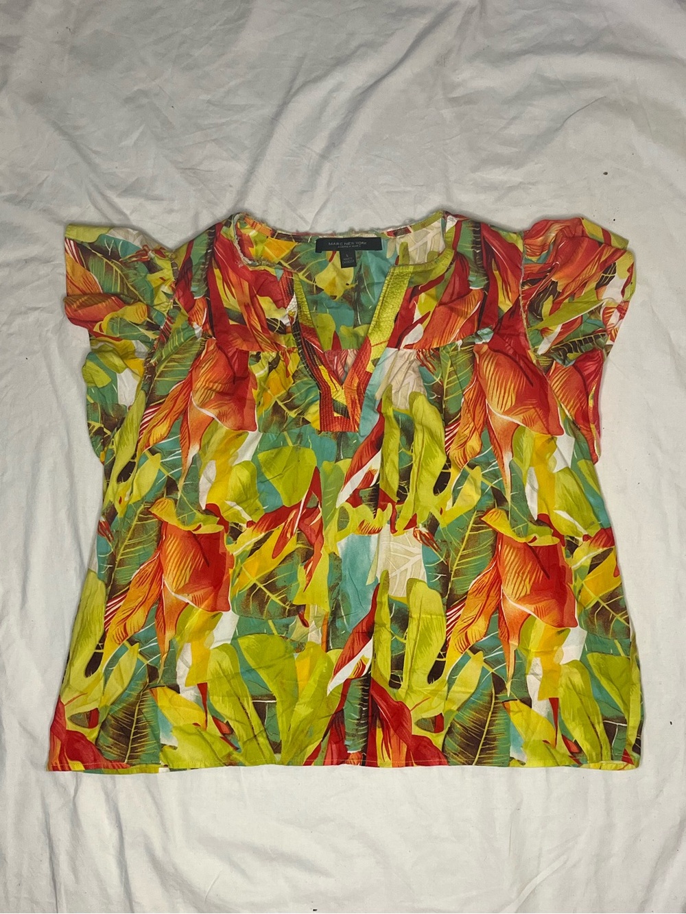 Tropical Leaf Print Short L Sleeve Blouse - Multi Color